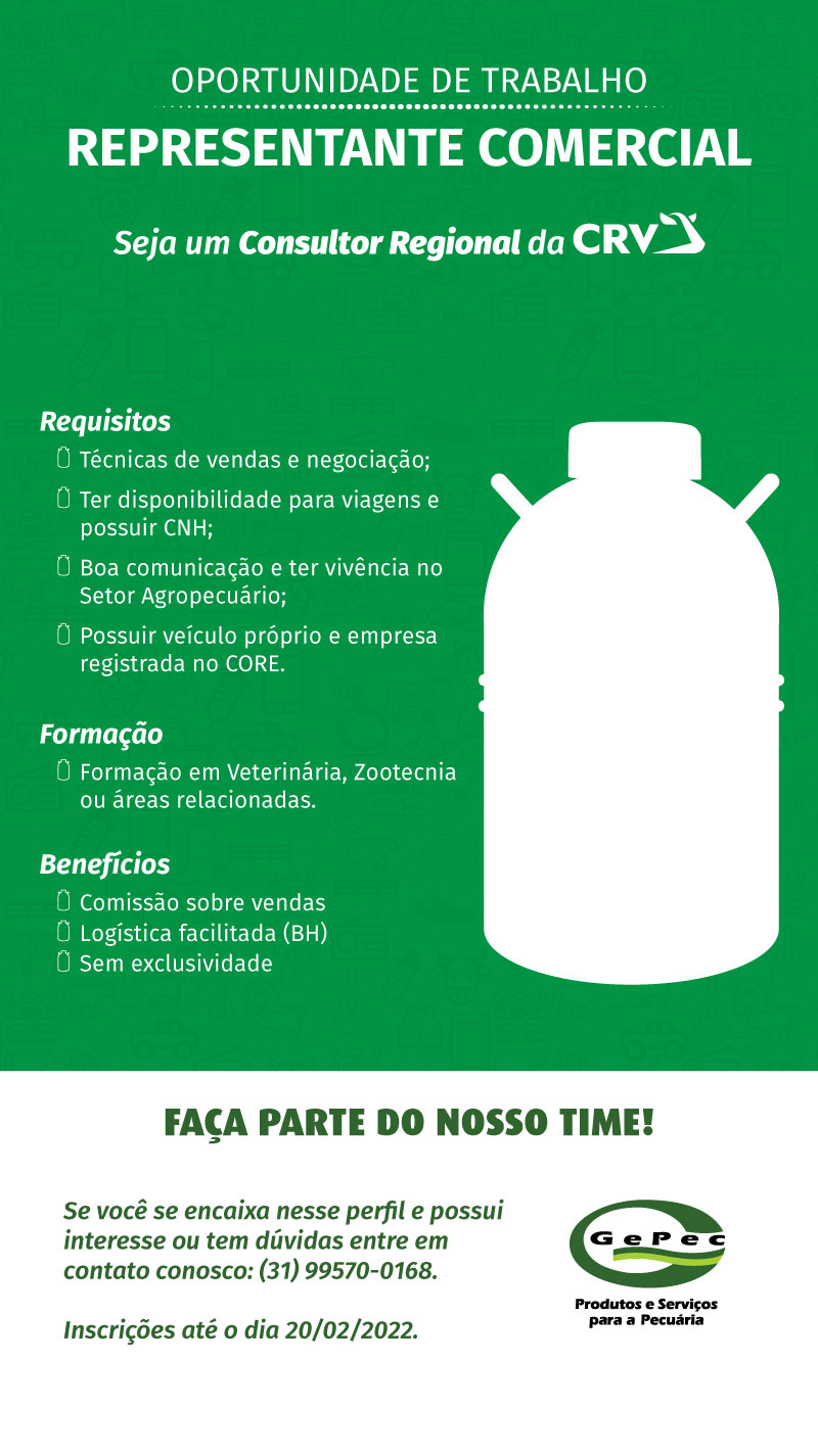 SEJA UM CONSULTOR REGIONAL DA CRV - Buscamos alguém que tenha conhecimento técnico e muita garra para vendas! De preferência, com formação em Veterinária, Zootecnia ou áreas relacionadas. - REQUISITOS • Técnicas de vendas e negociação; • Ter disponibilidade para viagens e possuir CNH; • Boa comunicação e ter vivência no Setor Agropecuário; • Deve possuir veículo próprio e empresa registrada no CORE. Consulte as regiões disponíveis conosco. Se você se encaixa nesse perfil e possui interesse entre em contato conosco, pelo whatsapp do Igor no (31) 99570-0168.