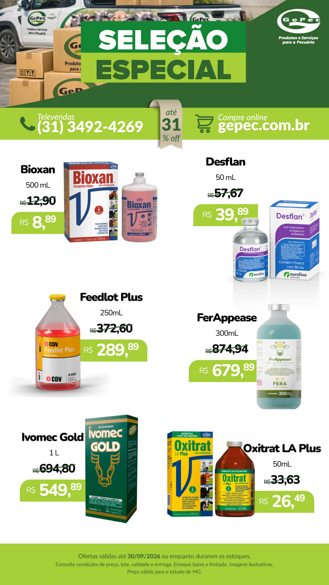 Seleção Especial Gepec com ofertas em produtos veterinários para pecuária em setembro de 2026